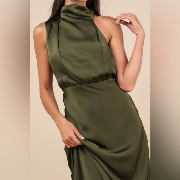 LULU’S Distinctive Charm Olive Green Satin Asymmetrical Maxi Dress - Picture 2 of 6